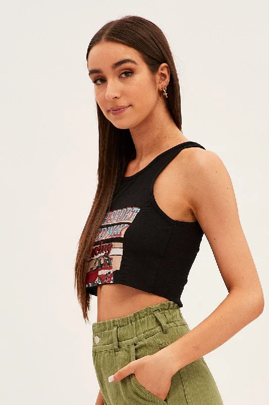 Black Tank Top Vintage Race Car Crop Raw Hem