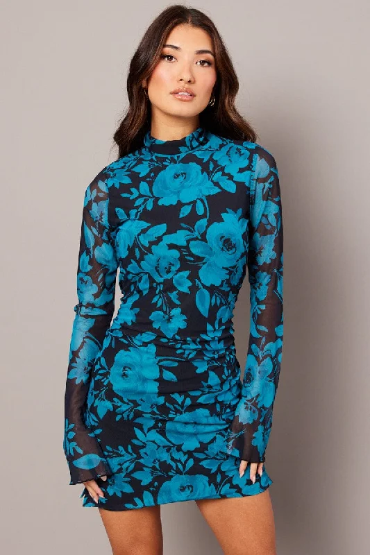 Blue Abstract Bodycon Dress High Neck Mini Long Sleeve