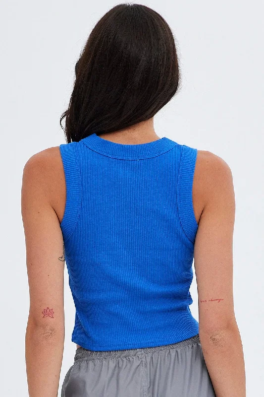 Blue Crop Tank Top Crew neck