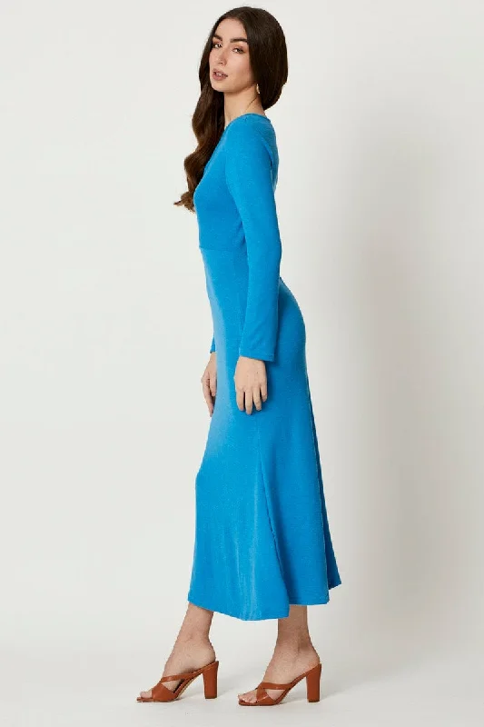 Blue Gathered Front Midi Dress