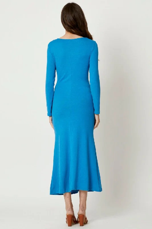 Blue Gathered Front Midi Dress