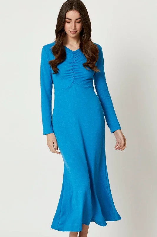 Blue Gathered Front Midi Dress