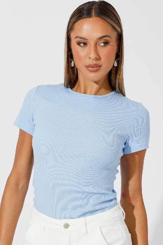 Blue Longline T Shirt Short Sleeve Crew Neck