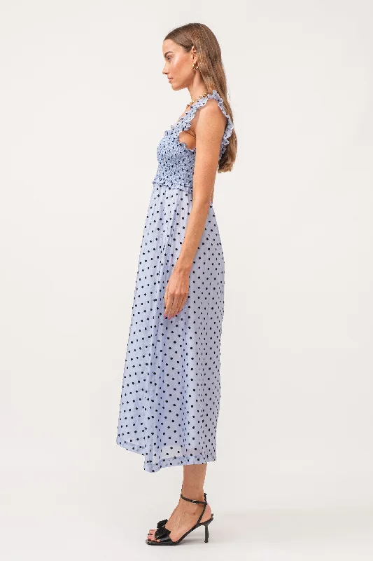 Blue Polka Dot Smocked Midi Dress