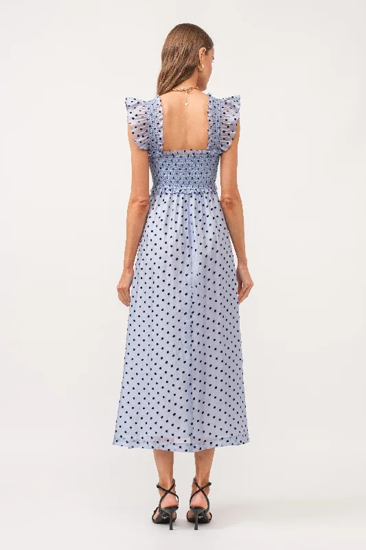 Blue Polka Dot Smocked Midi Dress