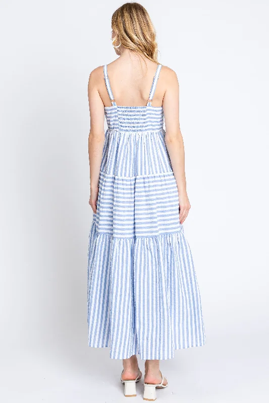 Blue Striped Sleeveless Tiered Maxi Dress