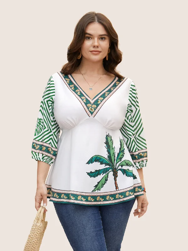 Boho Coconut Tree Print Lantern Sleeve Blouse