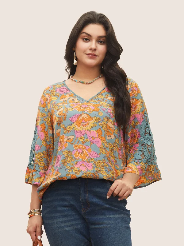 Boho Print Guipure Lace Ruffles Blouse