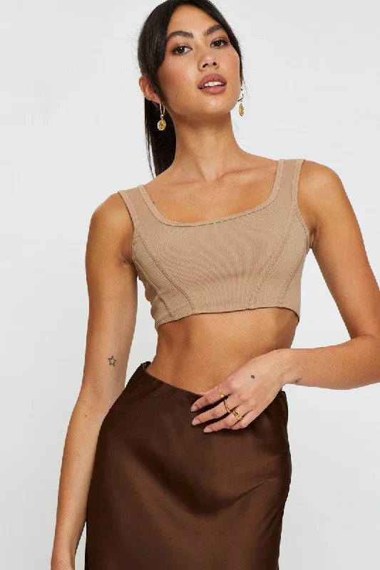 Brown Crop Tank Top Sleeveless Round Neck Seamless