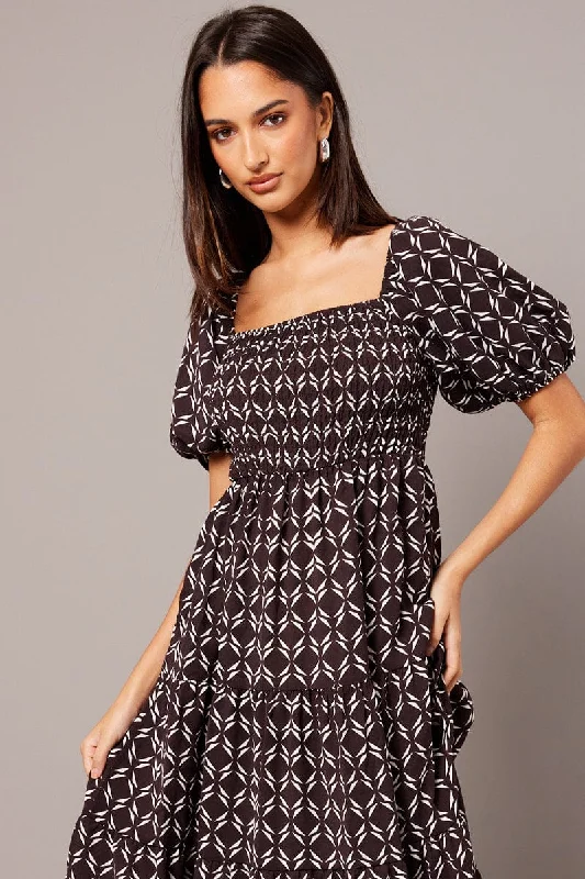 Brown Geo Midi Dress Puff Sleeve Shirred Bust