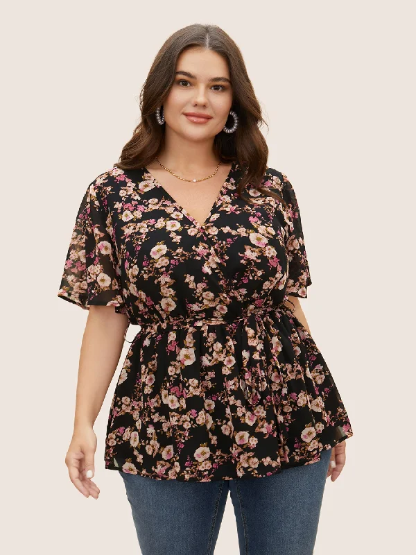 Chiffon Floral Overlap Collar Elastic Waist Blouse