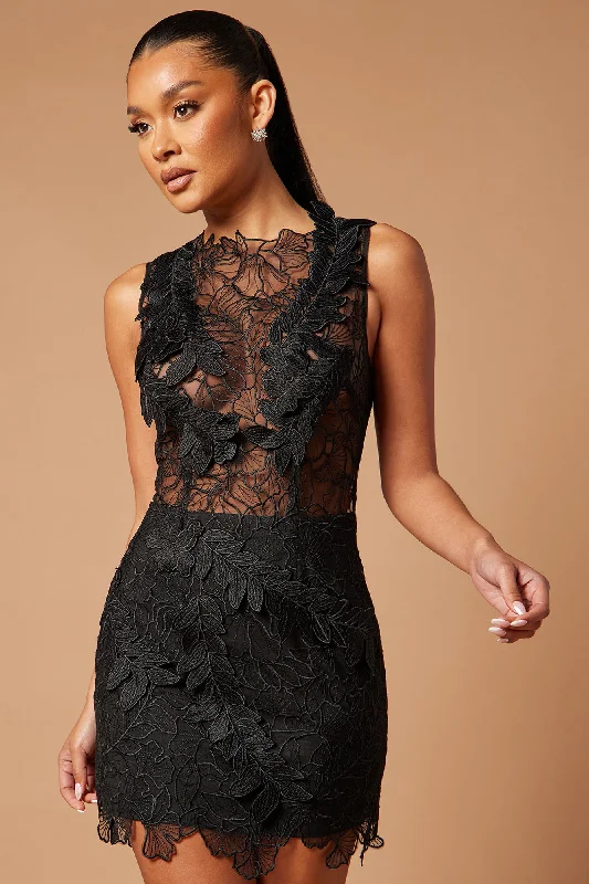 Clarissa Embroidered Mini Dress - Black