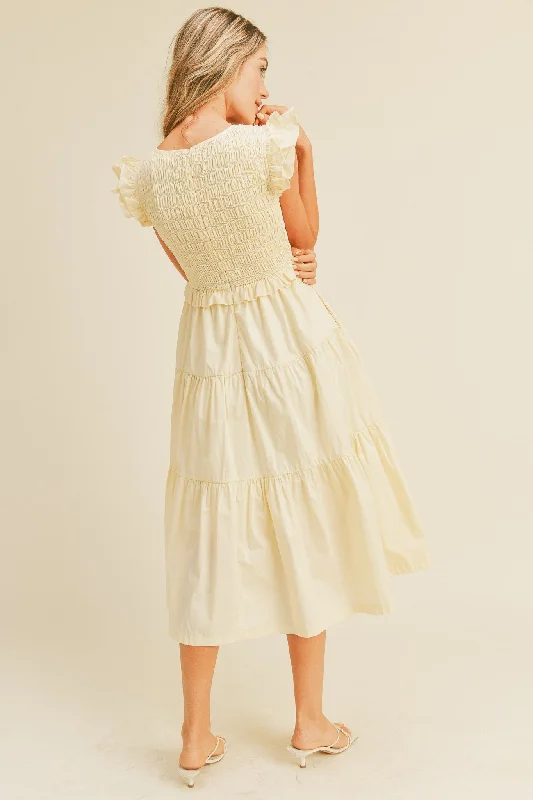 Cream Smocked Flutter Sleeve Tiered Midi Dress