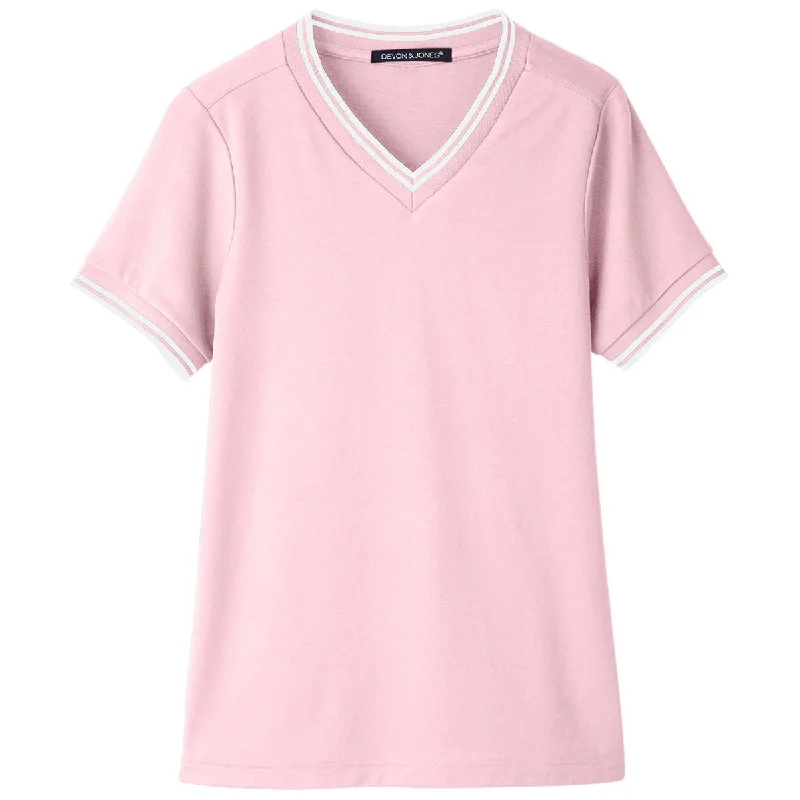 Devon & Jones Women's Pink/White CrownLux Performance Plaited Tipped V-Neck Polo