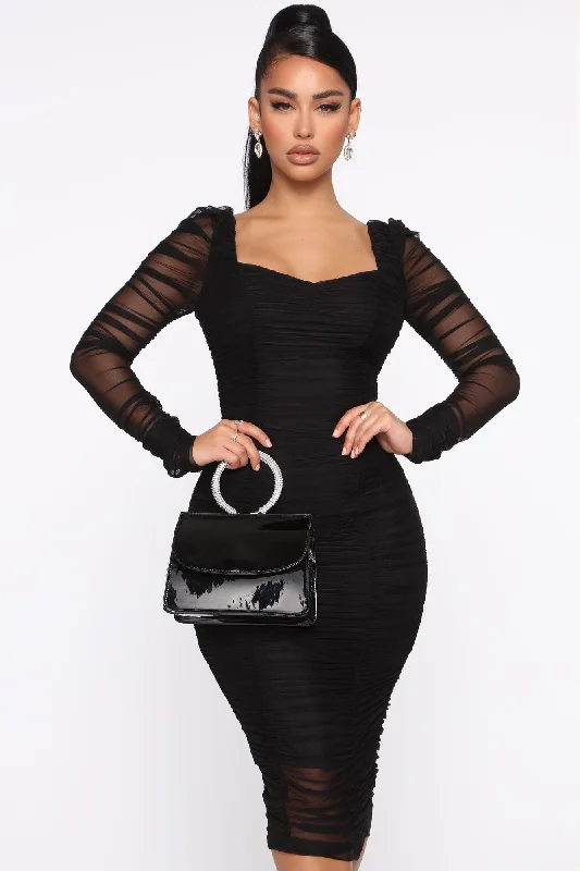 Did You Mesh Me Ruched Midi Dress - Black/Black