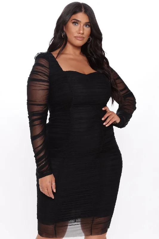 Did You Mesh Me Ruched Midi Dress - Black/Black