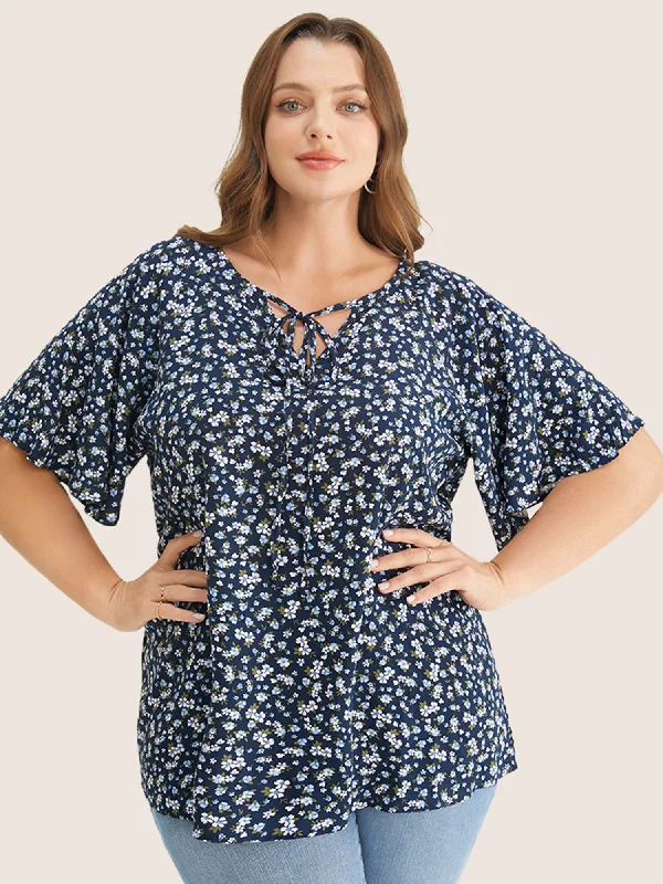 Ditsy Floral Ruffle Sleeve Tie Neck Blouse