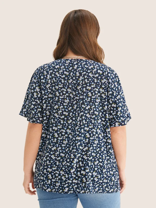 Ditsy Floral Ruffle Sleeve Tie Neck Blouse