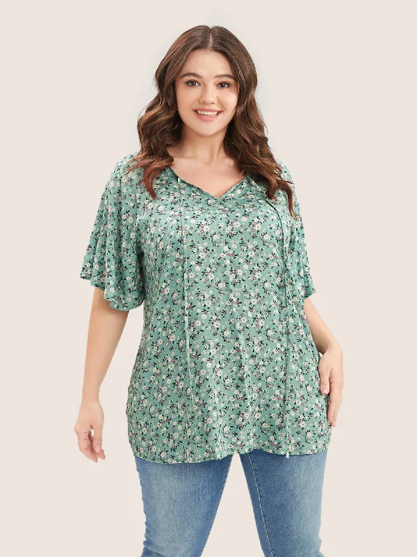 Ditsy Floral Ruffle Sleeve Tie Neck Blouse