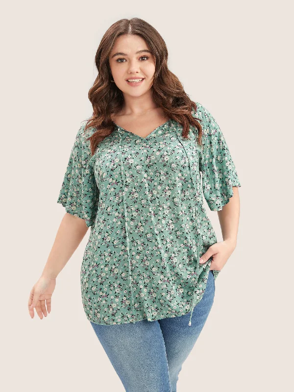 Ditsy Floral Ruffle Sleeve Tie Neck Blouse