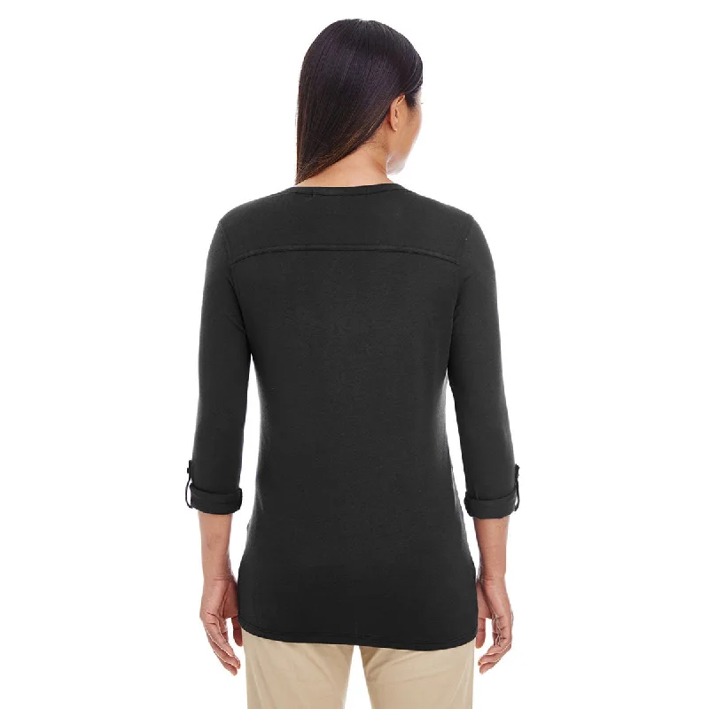 Devon & Jones Women's Black Perfect Fit Y-Placket Convertible Sleeve Knit Top