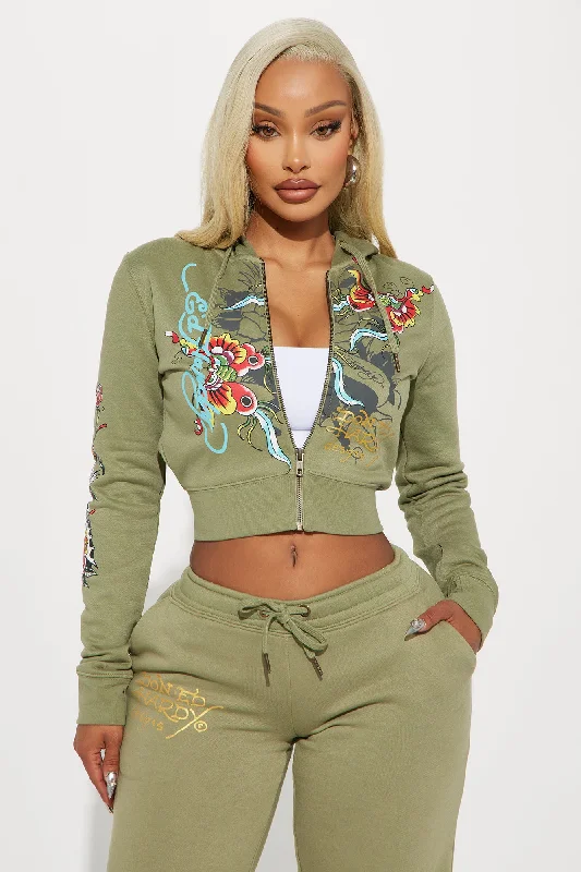 Ed Hardy Butterfly Zip Front Hoodie - Sage