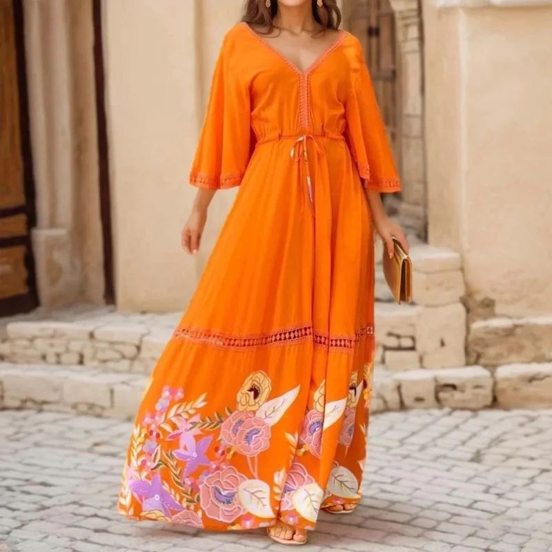 Elegant Bohemian Lace Flowers Maxi Dress