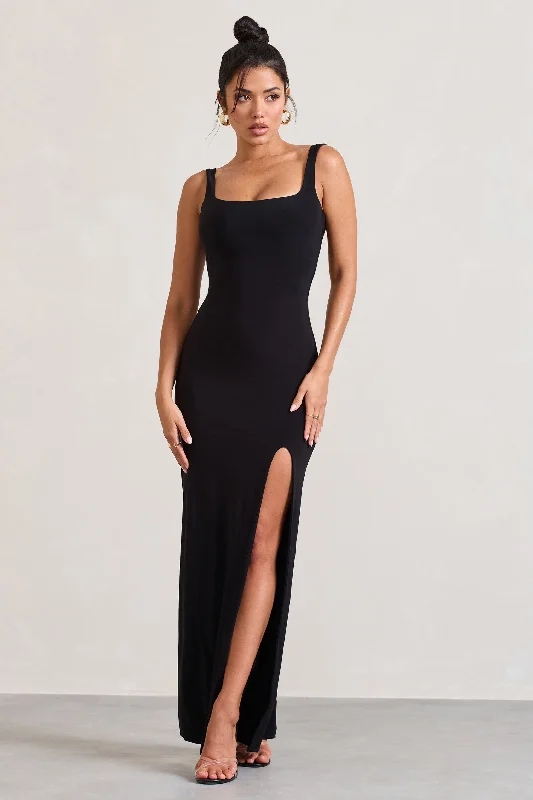 Elle | Black Square-Neck Open-Back Split Maxi Dress