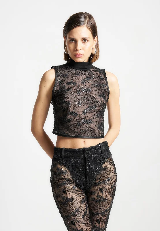 Embellished Lace Open Back Top - Black