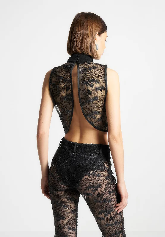 Embellished Lace Open Back Top - Black