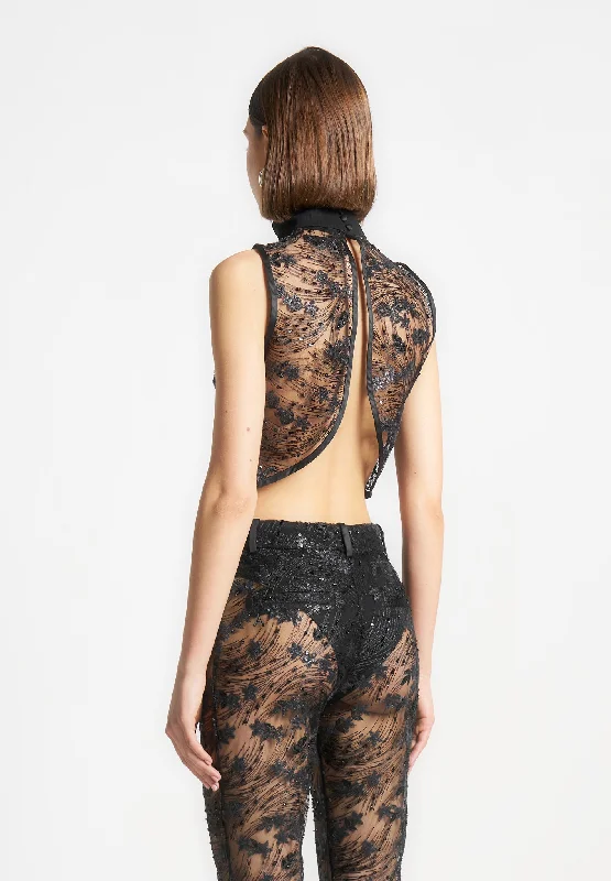 Embellished Lace Open Back Top - Black