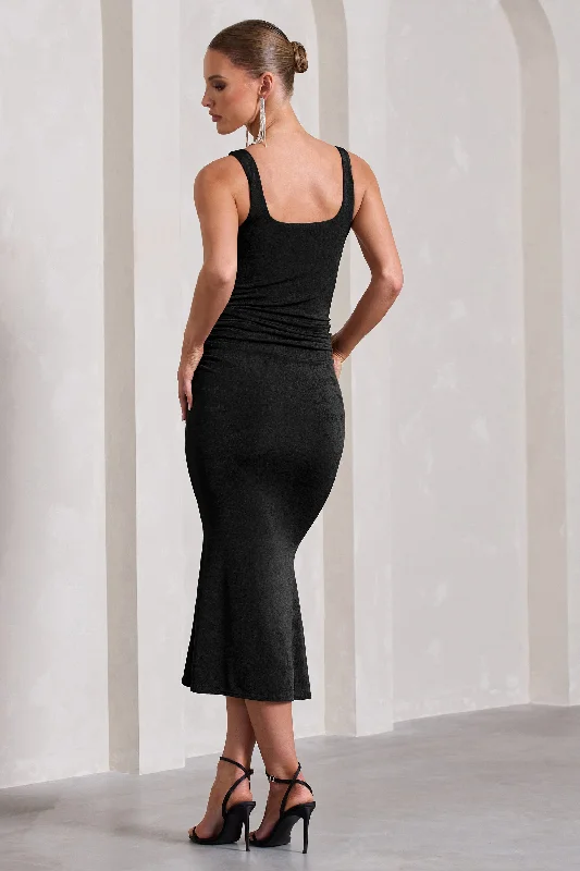 Evora | Black Ruched Square-Neck Fishtail Midi Dress