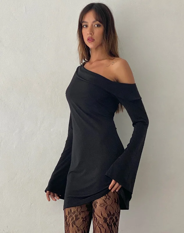 Fliss Asymmetric Mini Dress in Slinky Black