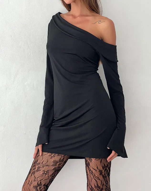 Fliss Asymmetric Mini Dress in Slinky Black