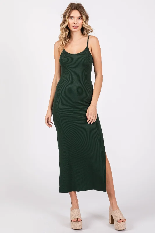 Forest Green Ribbed Sleeveless Side Slit Dress