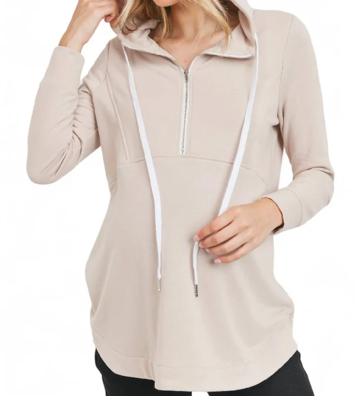 French Terry Half Zip Maternity Nursing Hoodie In Mocha