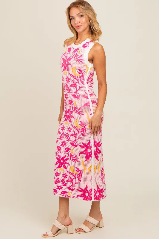 Fuchsia Floral Sleeveless Midi Dress