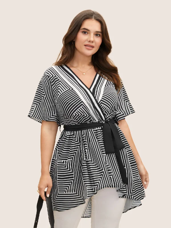 Geometric Striped Overlap Collar Pocket Blouse