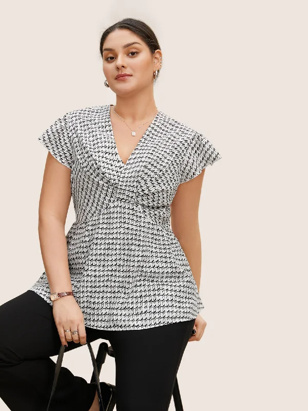 Geometric Wrap Flutter Cap Sleeve Blouse