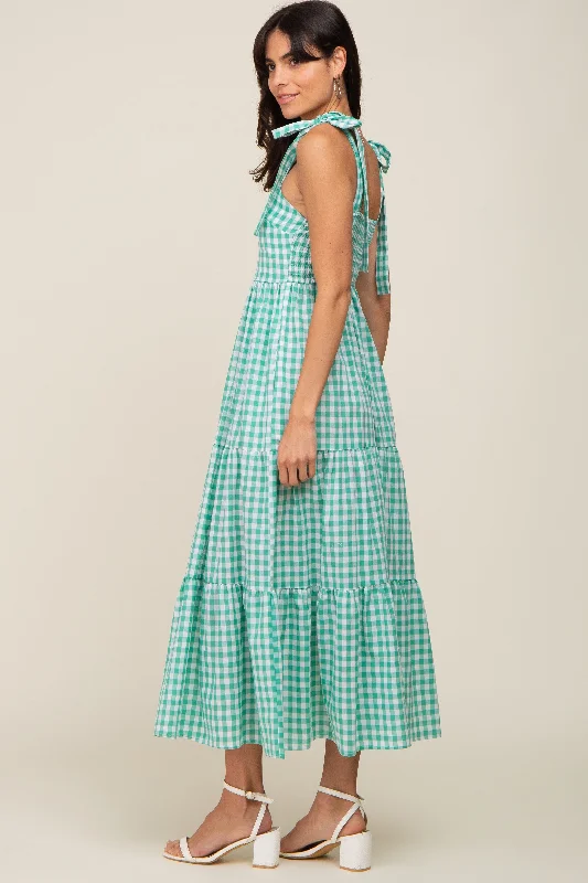 Green Checkered Sleeveless Tiered Maxi Dress