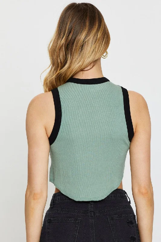 Green Crop Tank Top Sleeveless Crew Neck