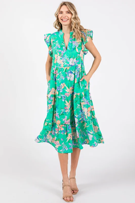 Green Floral Ruffle Tiered Dress