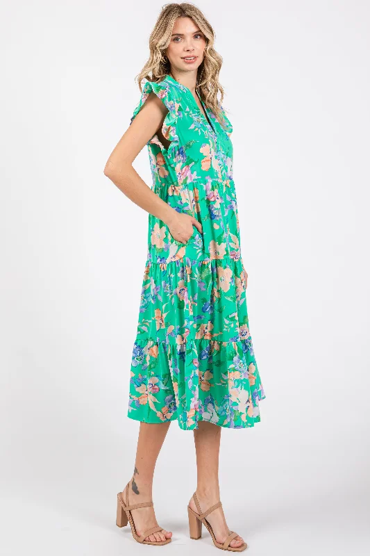 Green Floral Ruffle Tiered Dress