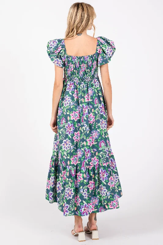 Green Floral Square Neck Puffy Sleeves Dress