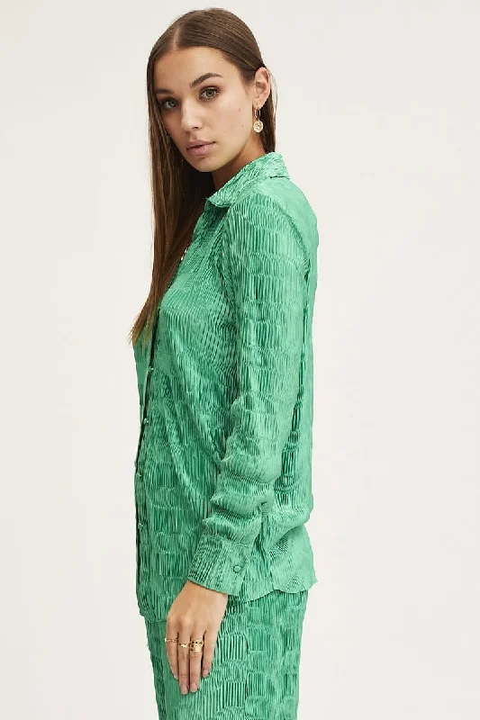 Green Plisse Shirts Long Sleeve