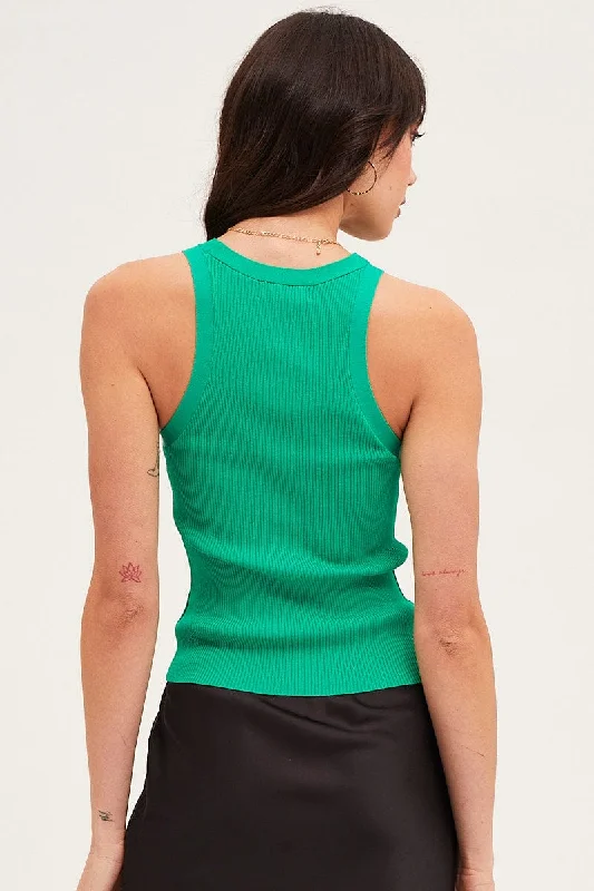 Green Round Neck Rib Knit Tank Top