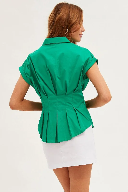 Green Shirt Short Sleeve Collared Gathered Bust