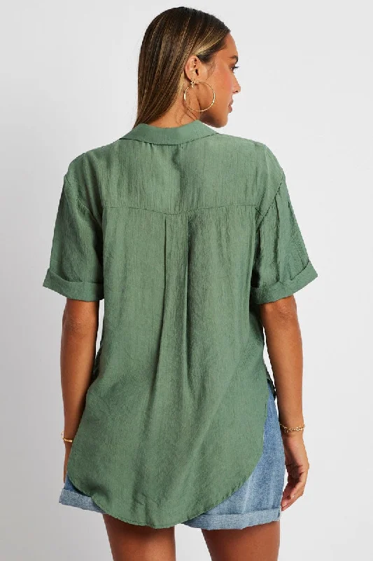 Green Textured Shirt Short Sleeve