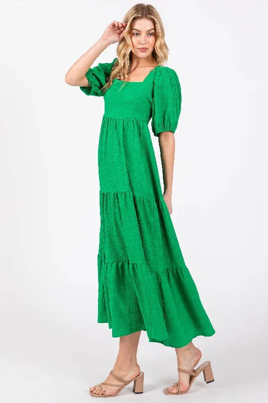 Green Textured Tiered Midi Dress