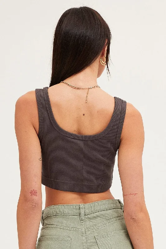 Grey Crop Top Cotton Blend Rib Tank Elasticated Hem